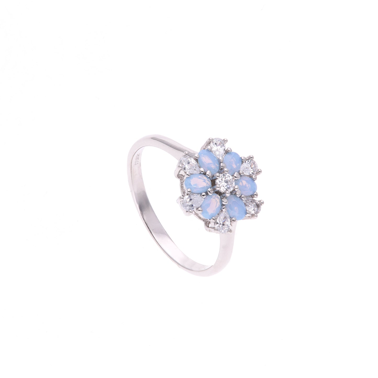 ANILLO EN PLATA LEY .925, CON RODIO , ZIRCONIA AAA Y OPALO AZUL CIELO