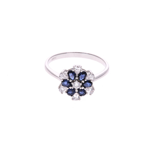 ANILLO EN PLATA LEY .925, CON RODIO , ZIRCONIA AAA AZUL ZAFIRO Y BLANCO , EN FORMA DE FLOR
