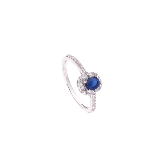 ANILLO EN PLATA LEY .925, CON RODIO , OPALO AZUL Y ZIRCONIA AAA