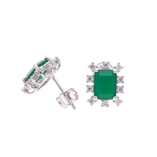 Broquel Plata Ley 925 con Rodio y Zirconia AAA Color Verde Esmeralda y Blanco Corte Rectangular