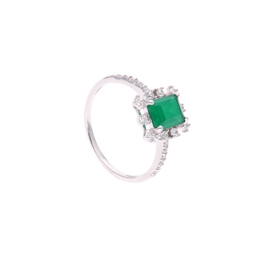 Anillo Plata Ley 925 con Rodio y Zirconia AAA Color Verde Esmeralda y Blanco Corte Rectangular
