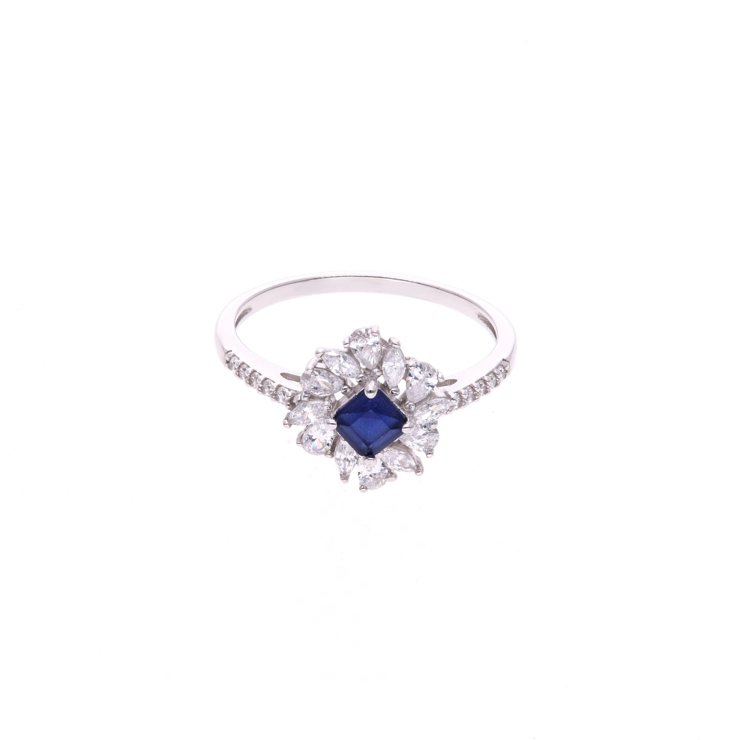 ANILLO EN PLATA LEY .925, CON RODIO , ZIRCONIA AAA AZUL ZAFIRO Y BLANCO , EN FORMA DE FLOR