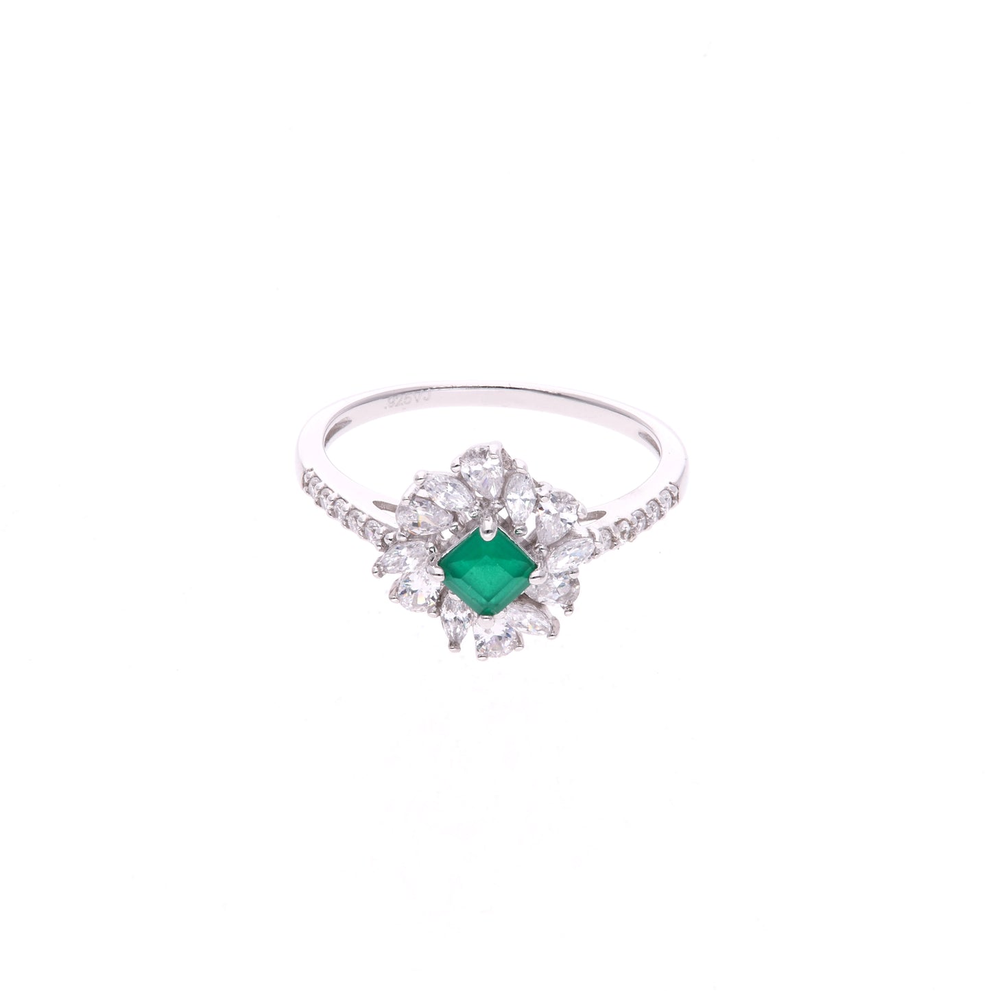 ANILLO EN PLATA LEY .925, CON RODIO , ZIRCONIA AAA VERDE ESMERALDA Y BLANCO