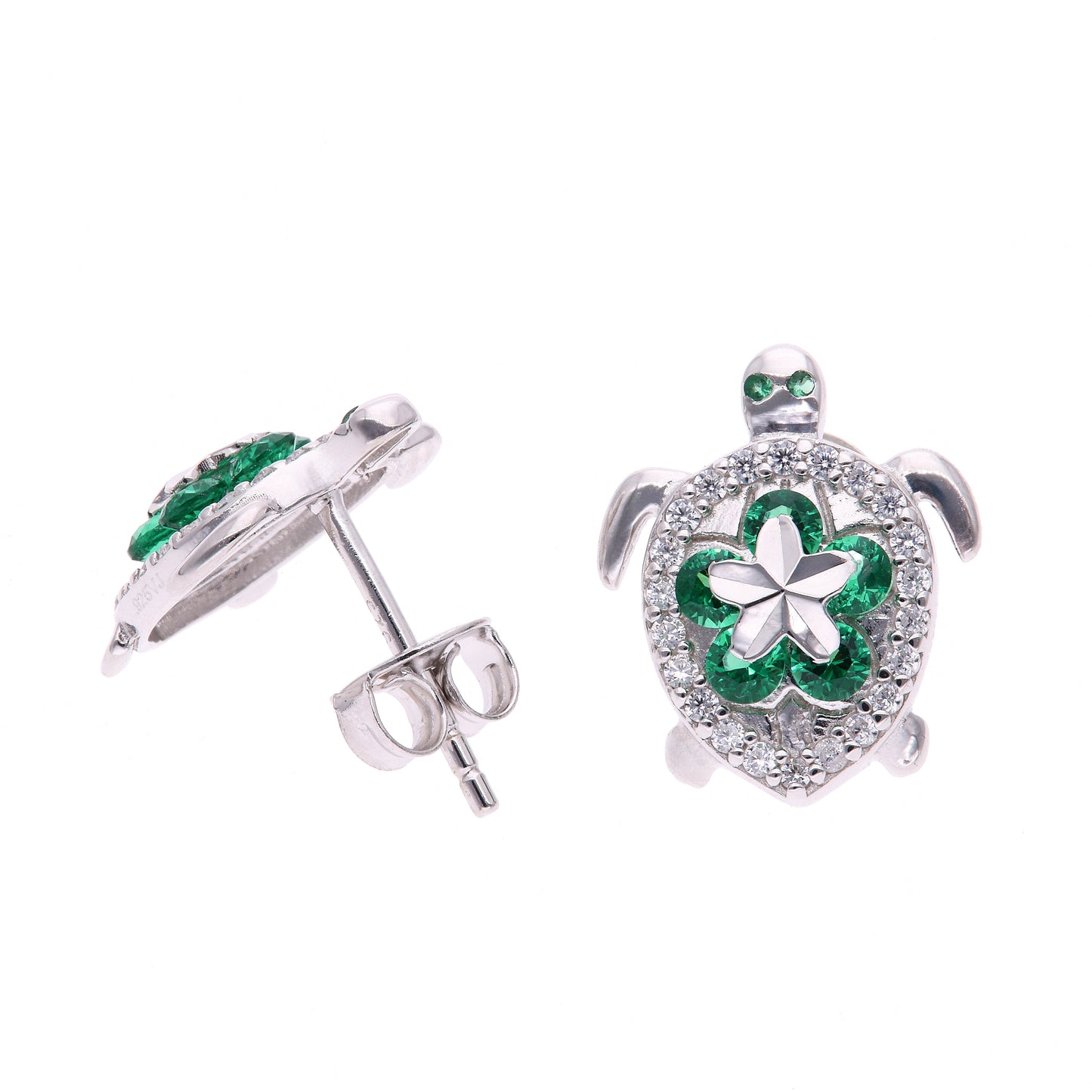 BROQUEL EN PLATA LEY .925, CON RODIO AAA, TOPACIO VERDE Y BLANCO, TORTUGA