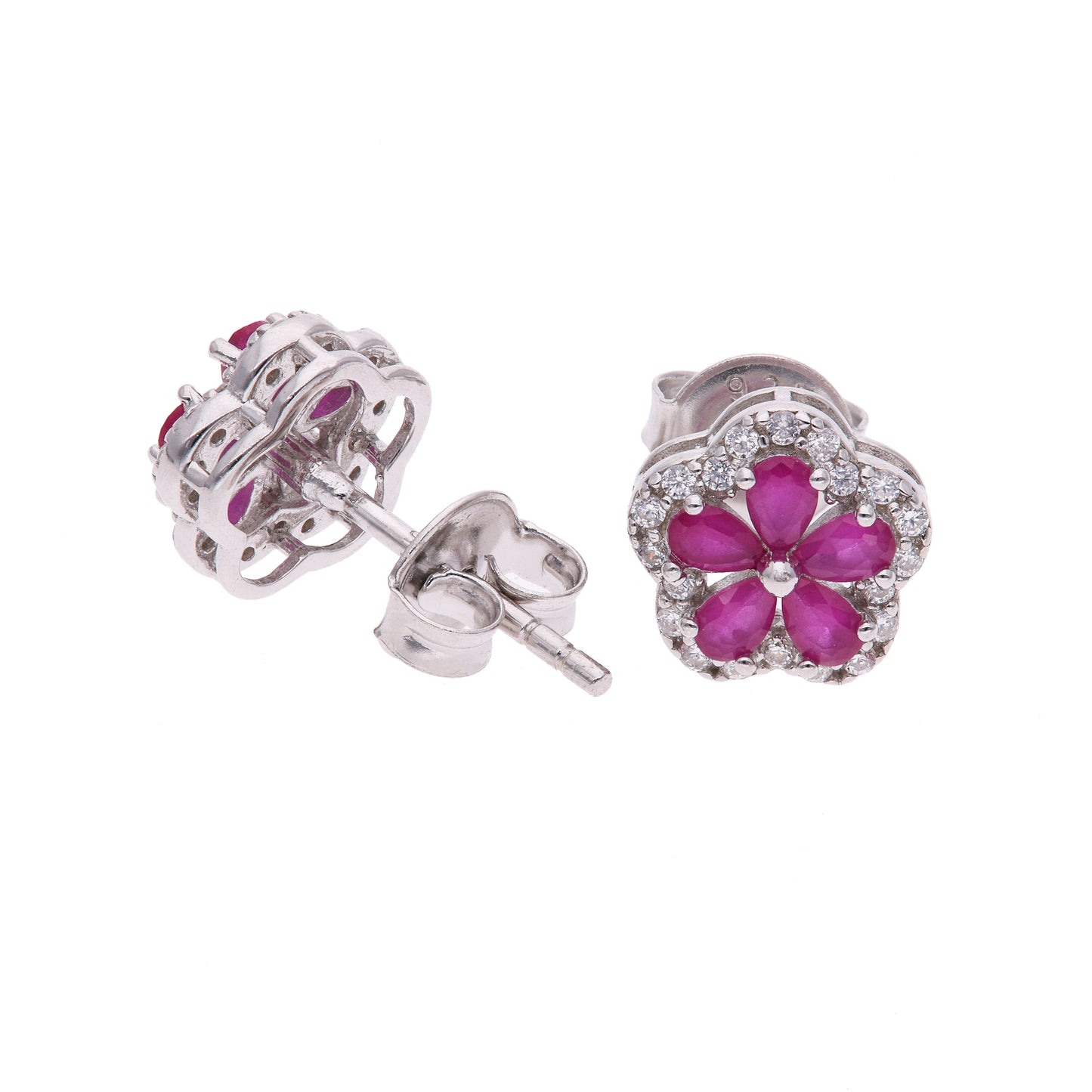 ARETES EN PLATA LEY .925, CON RODIO , ZIRCONIA AAA ROJO RUBI Y BLANCO