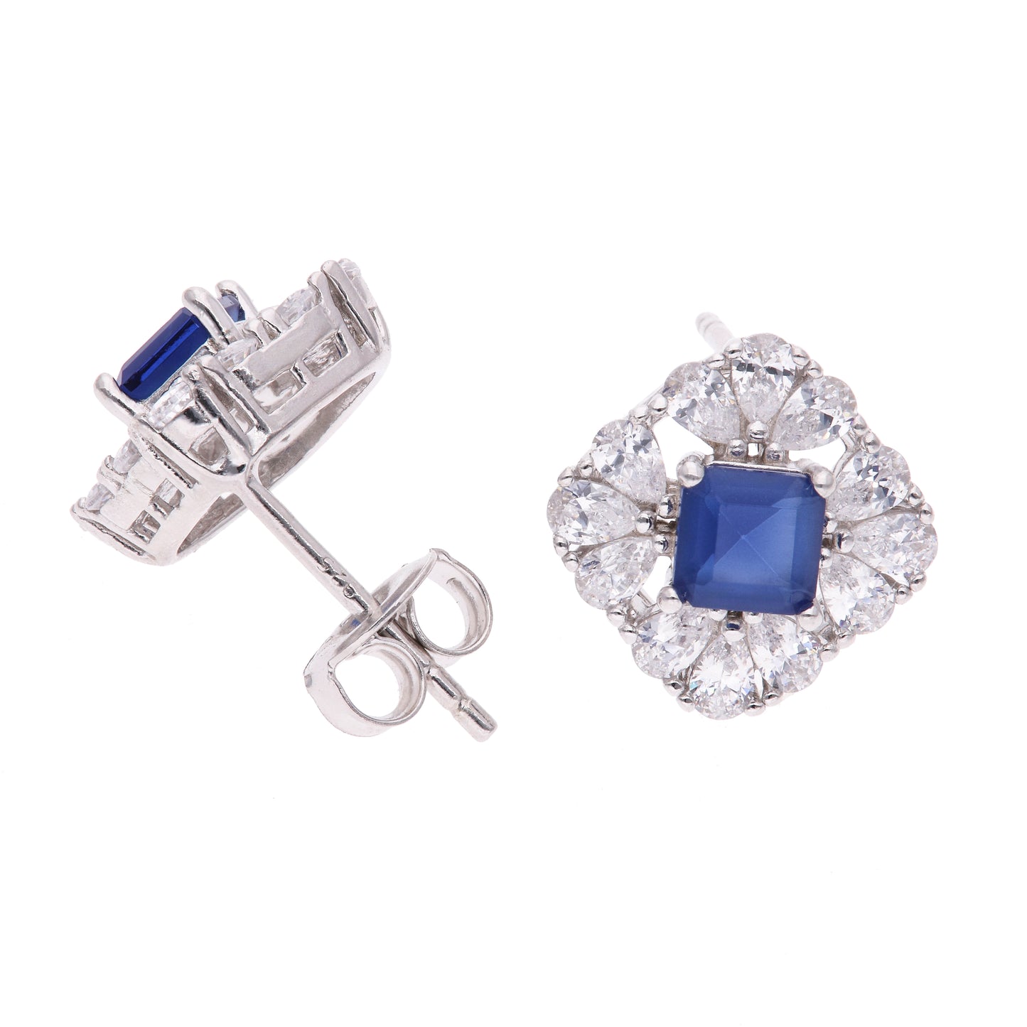 BROQUEL EN PLATA LEY .925, CON RODIO , ZIRCONIA AAA AZUL ZAFIRO Y BLANCO , EN FORMA DE FLOR