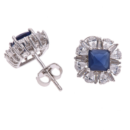 Broquel Plata Ley 925 con Rodio y Zirconia AAA Color Azul Zafiro y Blanco