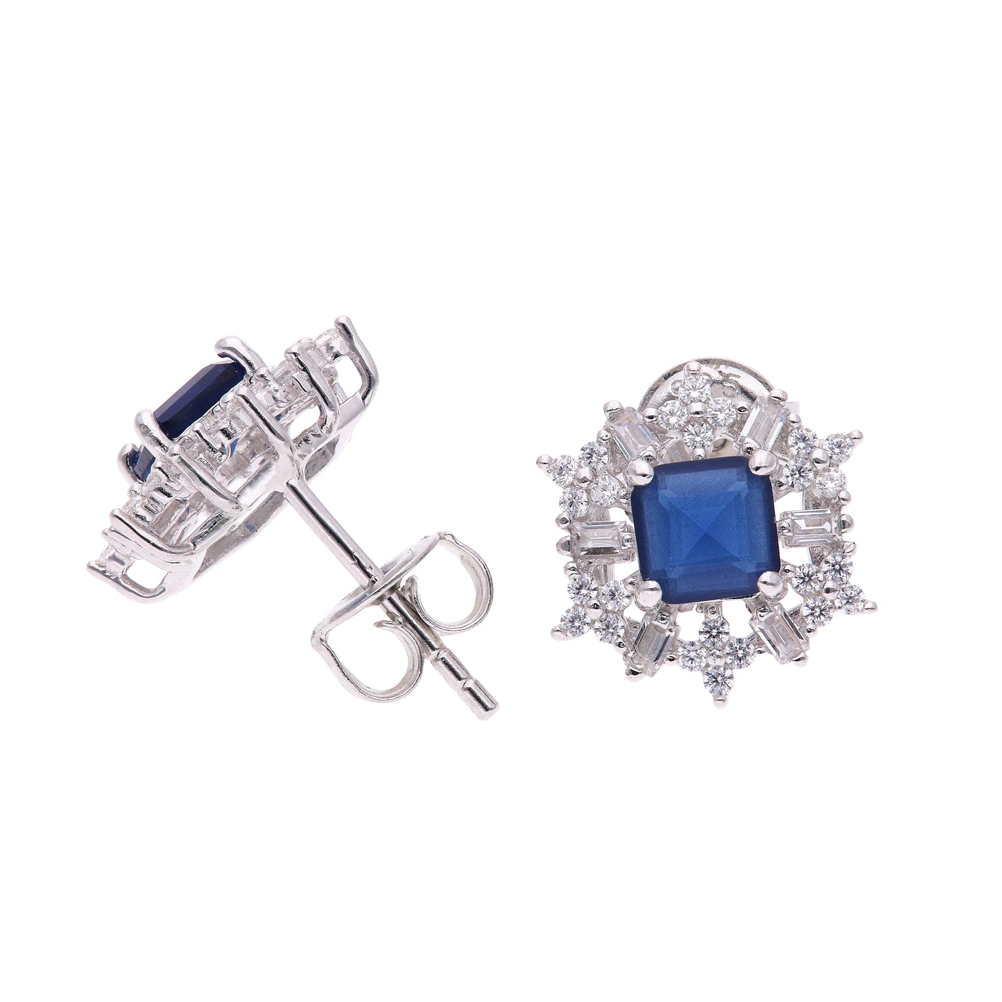 BROQUEL EN PLATA LEY .925, CON RODIO , ZIRCONIA AAA AZUL ZAFIRO AZUL Y BLANCO