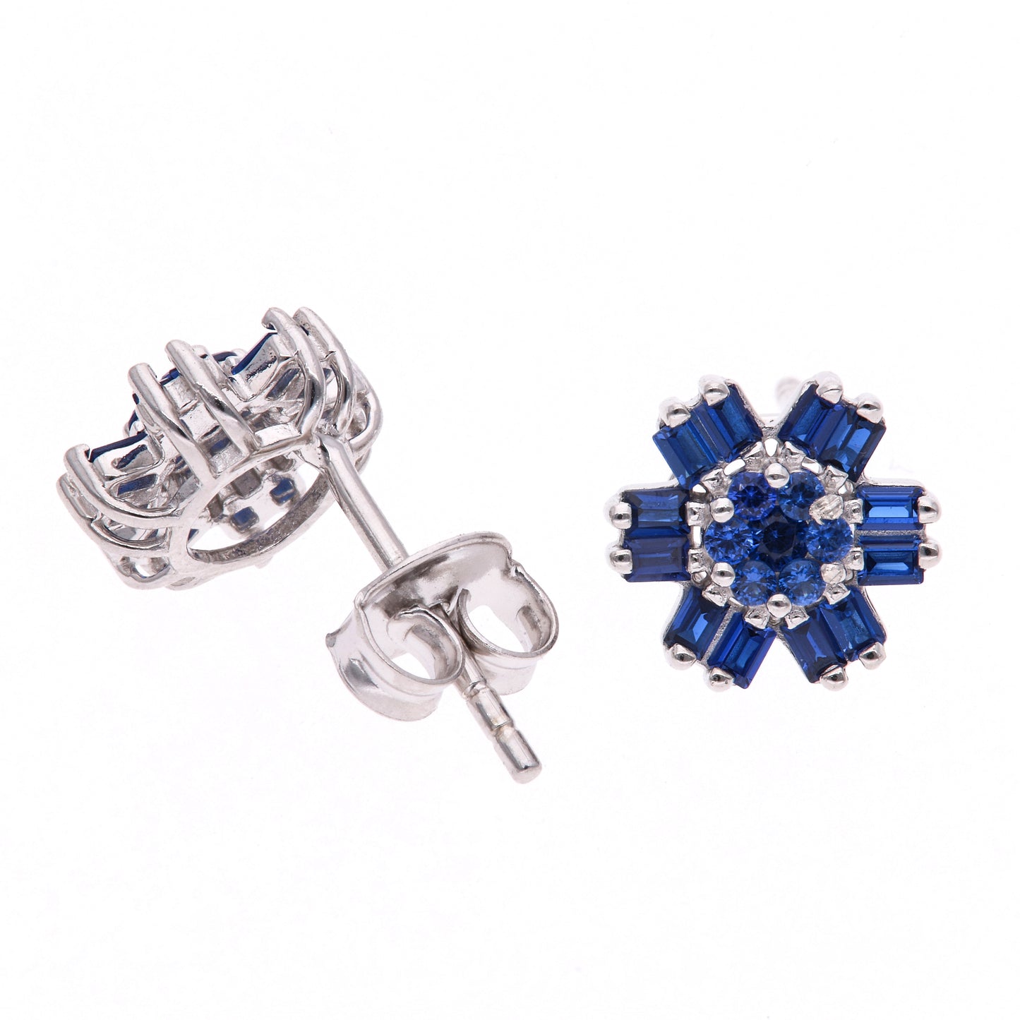BROQUEL EN PLATA LEY .925, CON RODIO , ZIRCONIA AAA AZUL ZAFIRO Y BLANCO , EN FORMA DE FLOR