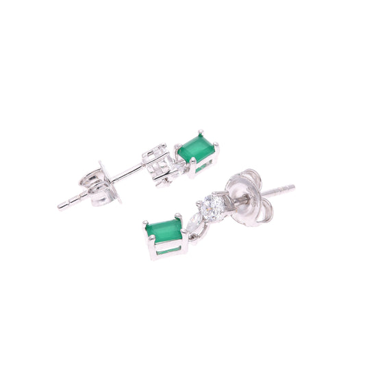 ARETES EN PLATA LEY .925, CON RODIO , ZIRCONIA AAA VERDE ESMERALDA Y BLANCO