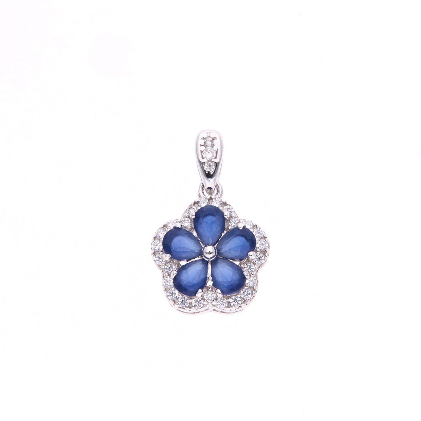 DIJE EN PLATA LEY .925, CON RODIO , ZIRCONIA AAA AZUL ZAFIRO Y BLANCO , EN FORMA DE FLOR