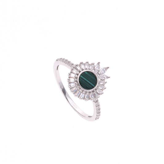 ANILLO EN PLATA LEY .925, CON RODIO ,ZIRCONIA AAA BLANCO Y MALAQUITA