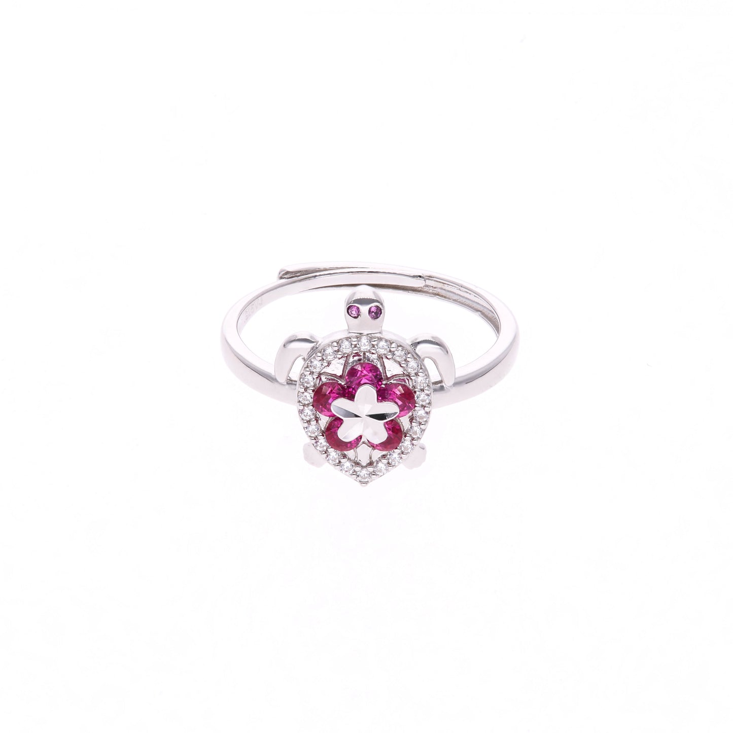 ANILLO EN PLATA LEY .925, CON RODIO , ZIRCONIA AAA ROJO RUBI Y BLANCO, TORTUGA, AJUSTABLE
