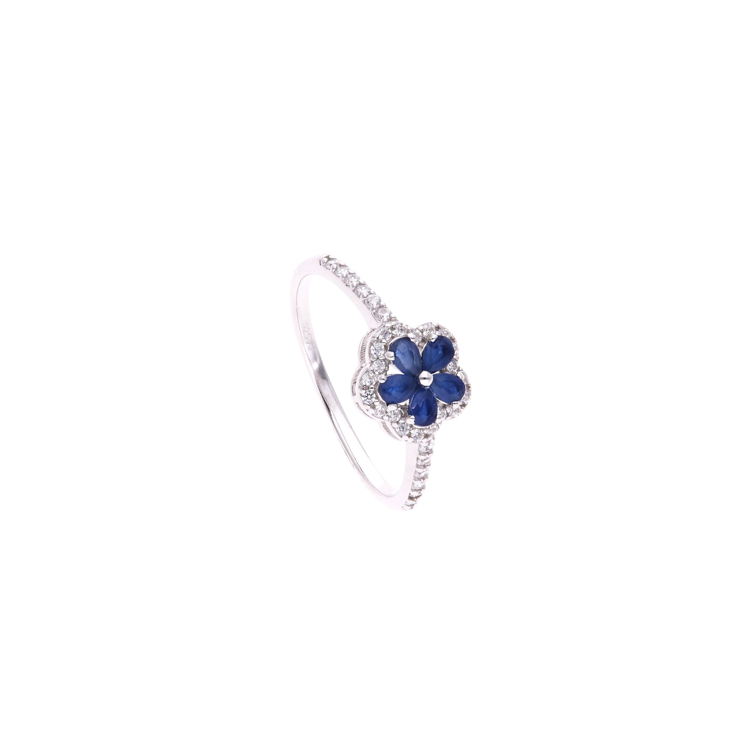 ANILLO EN PLATA LEY .925, CON RODIO , ZIRCONIA AAA AZUL ZAFIRO Y BLANCO , EN FORMA DE FLOR