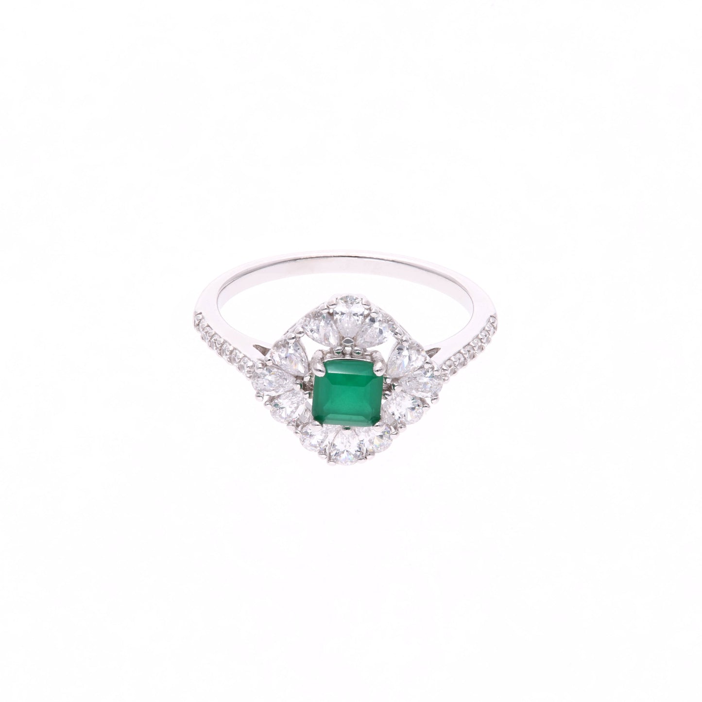 ANILLO EN PLATA LEY .925, CON RODIO , ZIRCONIA AAA VERDE ESMERALDA Y BLANCO