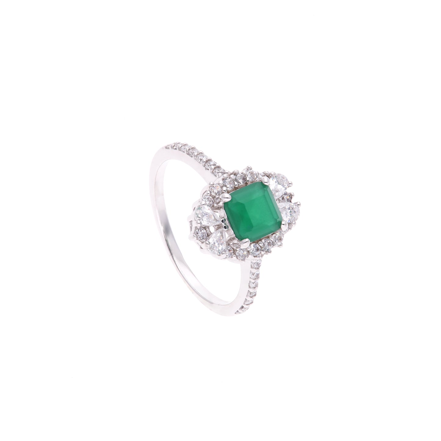 Anillo en Plata Ley 925 con Rodio y Zirconia AAA Color Verde Esmeralda y Blanco