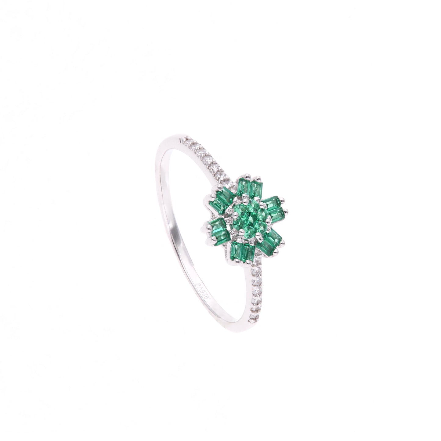 Anillo Plata Ley 925 con Rodio – Zafiro AAA Color Verde Esmeralda y Blanco en Forma de Flor de 6 Pétalos