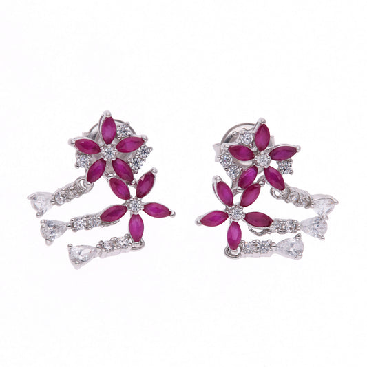 Aretes Plata Ley 925 con Rodio y Zirconia AAA Color Rojo Rubí y Blanco en Forma de Dos Flores
