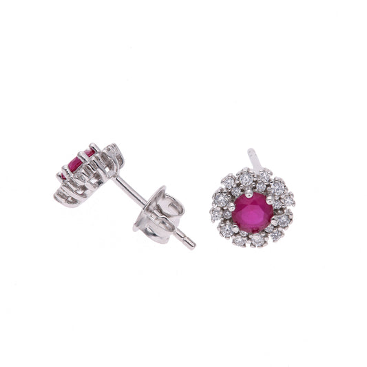 Broquel Plata Ley 925 con Rodio y Zirconia AAA Color Rojo Rubí y Blanco