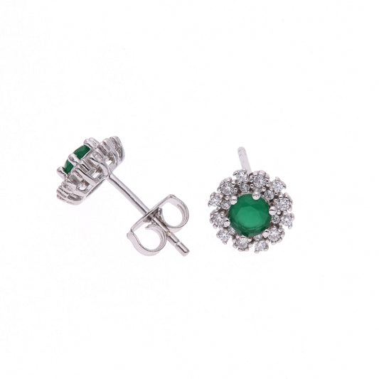 Broquel Plata Ley 925 con Rodio y Zirconia AAA Color Verde Esmeralda y Blanco Redondo