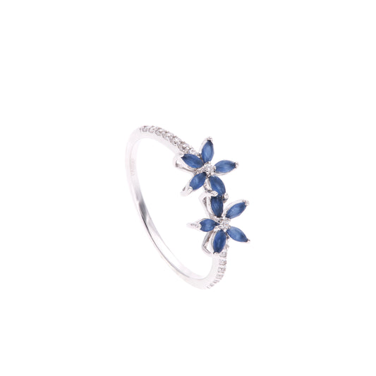 Anillo Plata Ley 925 con Rodio y Zirconia AAA Color Azul Zafiro y Blanco en Forma de Dos Flores