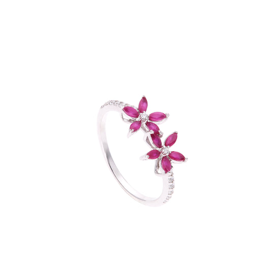 Anillo Plata Ley 925 con Rodio y Zirconia AAA Color Rojo Rubí y Blanco en Forma de Dos Flores