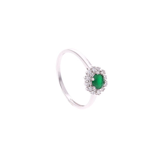 Anillo Plata Ley 925 con Rodio y Zirconia AAA Color Verde Esmeralda y Blanco Redondo