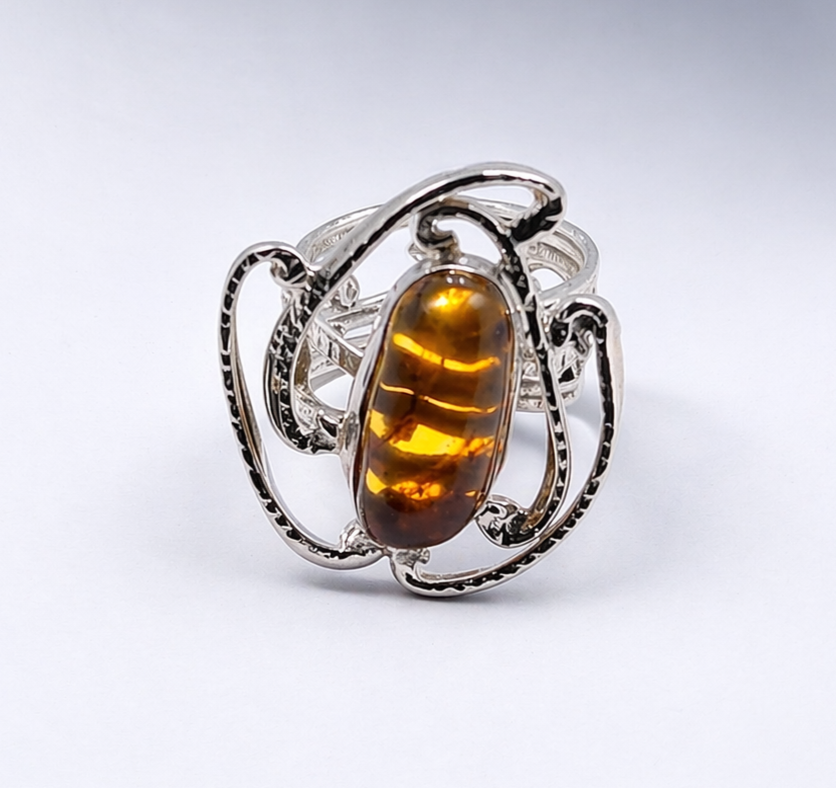 Anillo de Plata .925 - Cóctel Art Nouveau Orgánico Calado con Ámbar Natural Chiapaneco — Taxco Artesanal