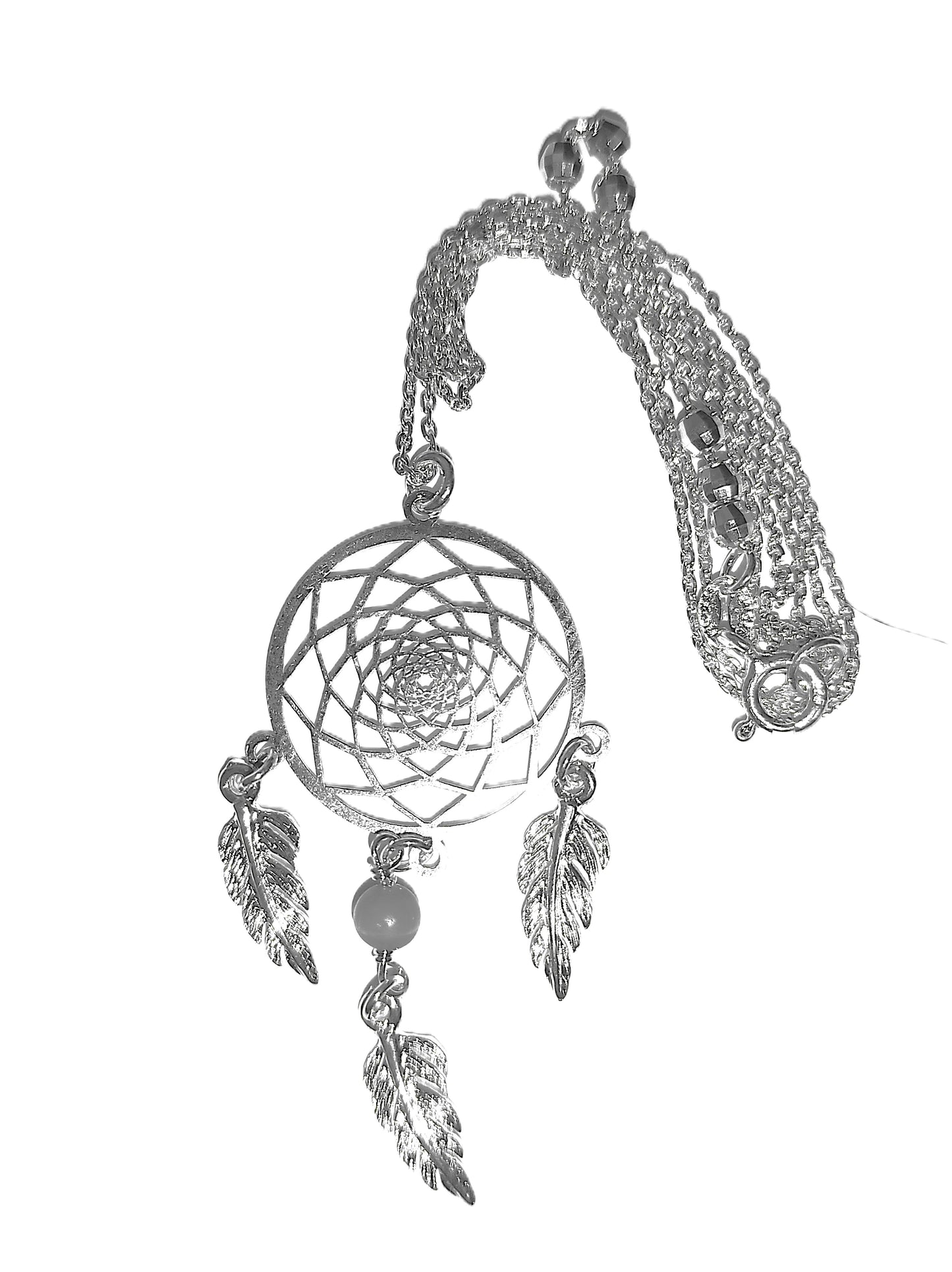Collar de Plata .925 - Atrapasueños Calado con Tela de Araña en Espiral y Plumas Colgantes