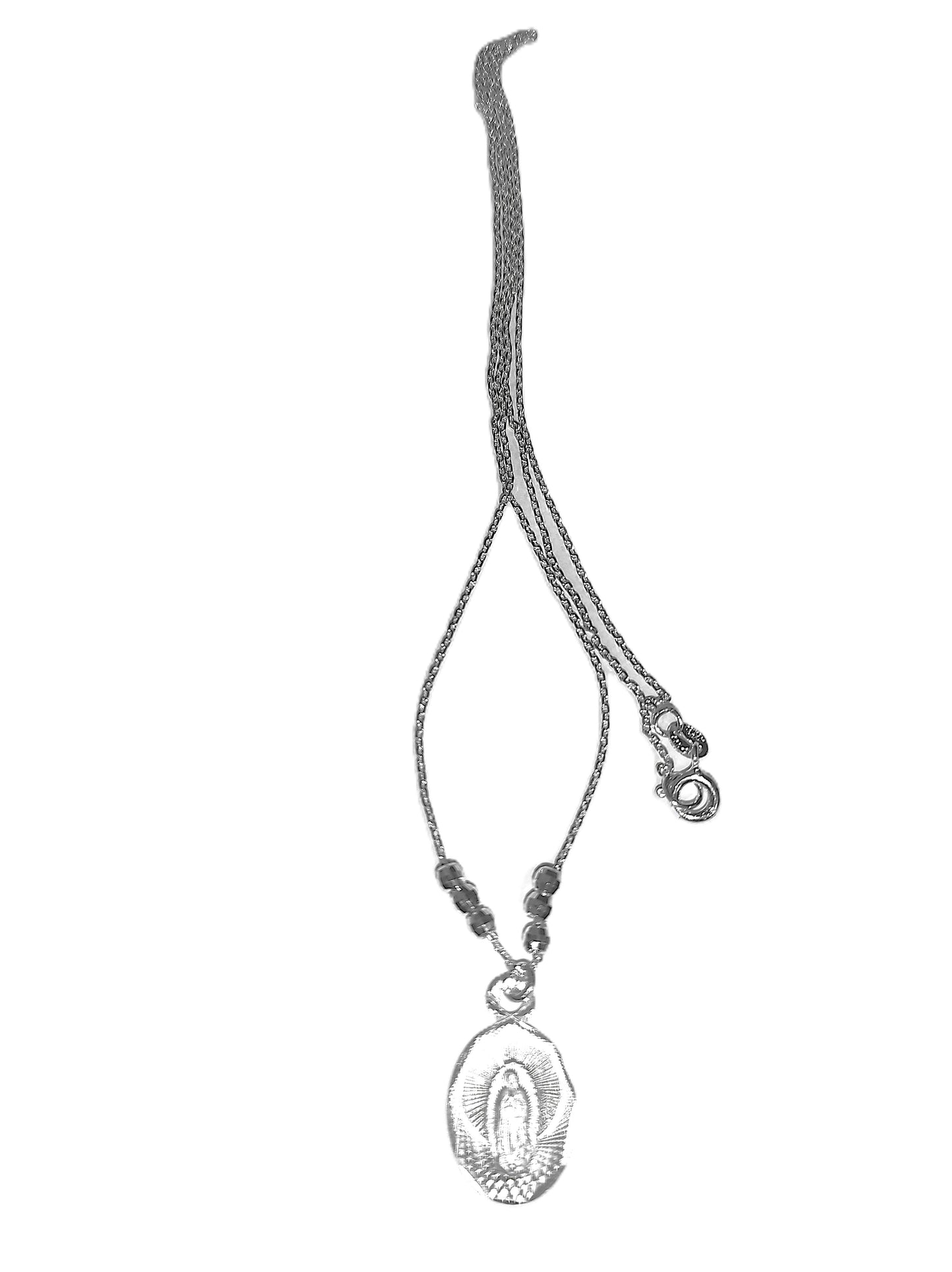 Collar de Plata .925 - Cadena Rolo Doble con Esferas y Medallón Virgen de Guadalupe con Rayos Solares