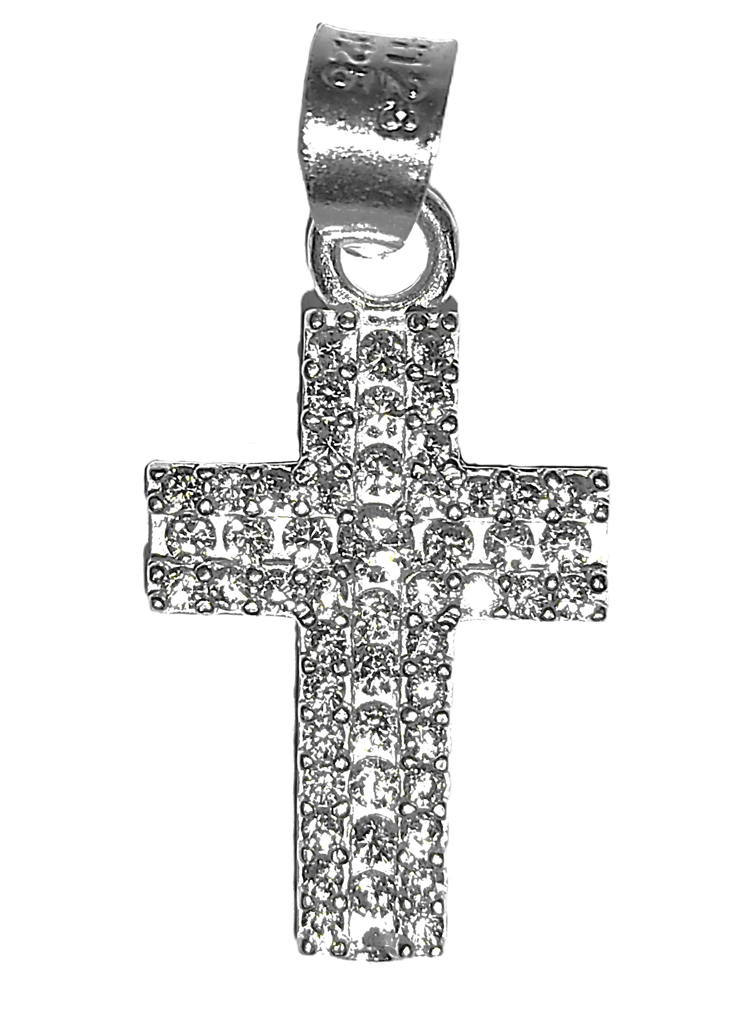 Dije de Plata .925 - Cruz con Pavé Completo de Zircones Blancos en Tres Filas