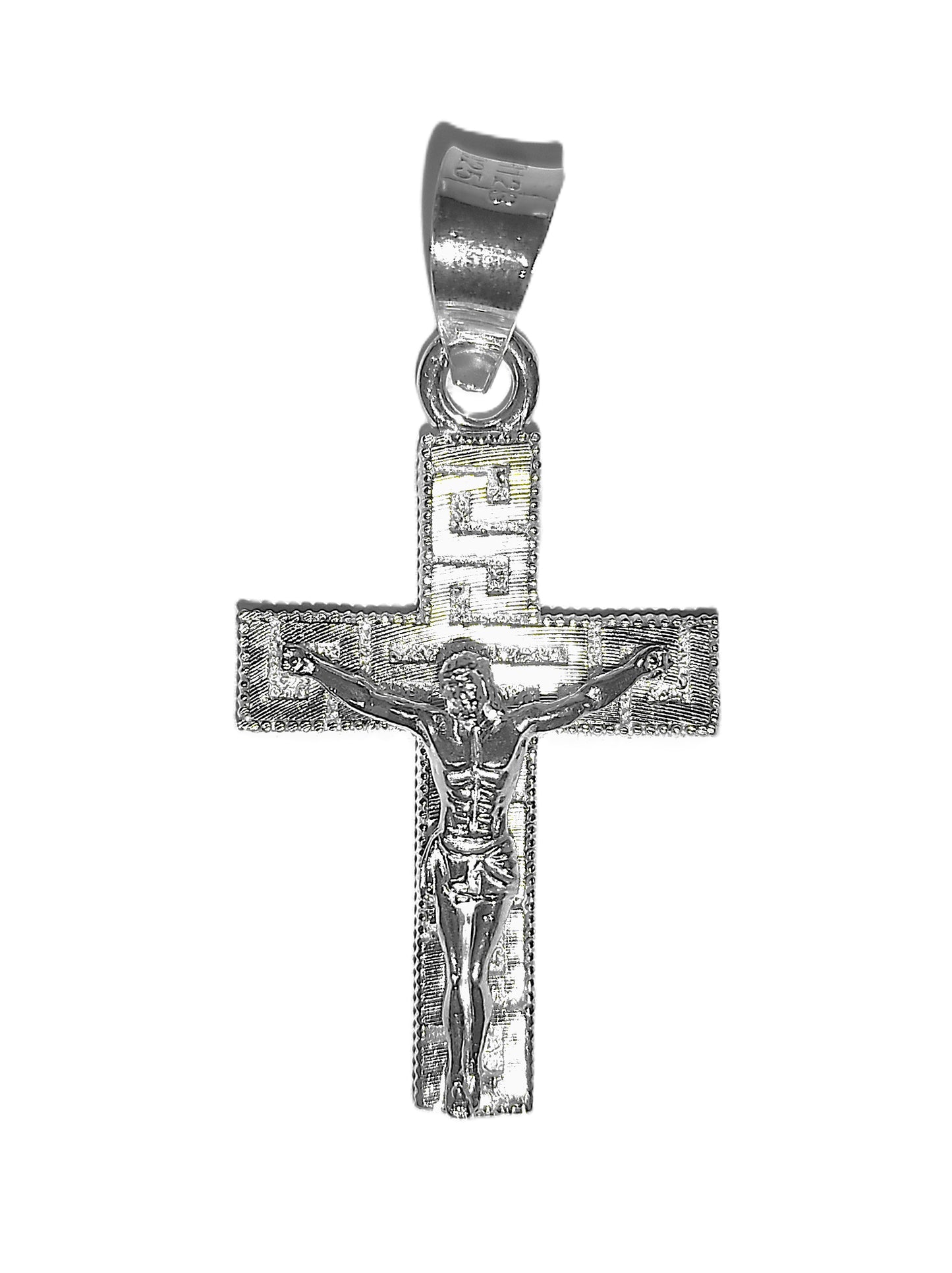 Crucifijo de Plata .925 - Borde Milgrain con Fondo Greca Meandro y Cristo en Altorrelieve