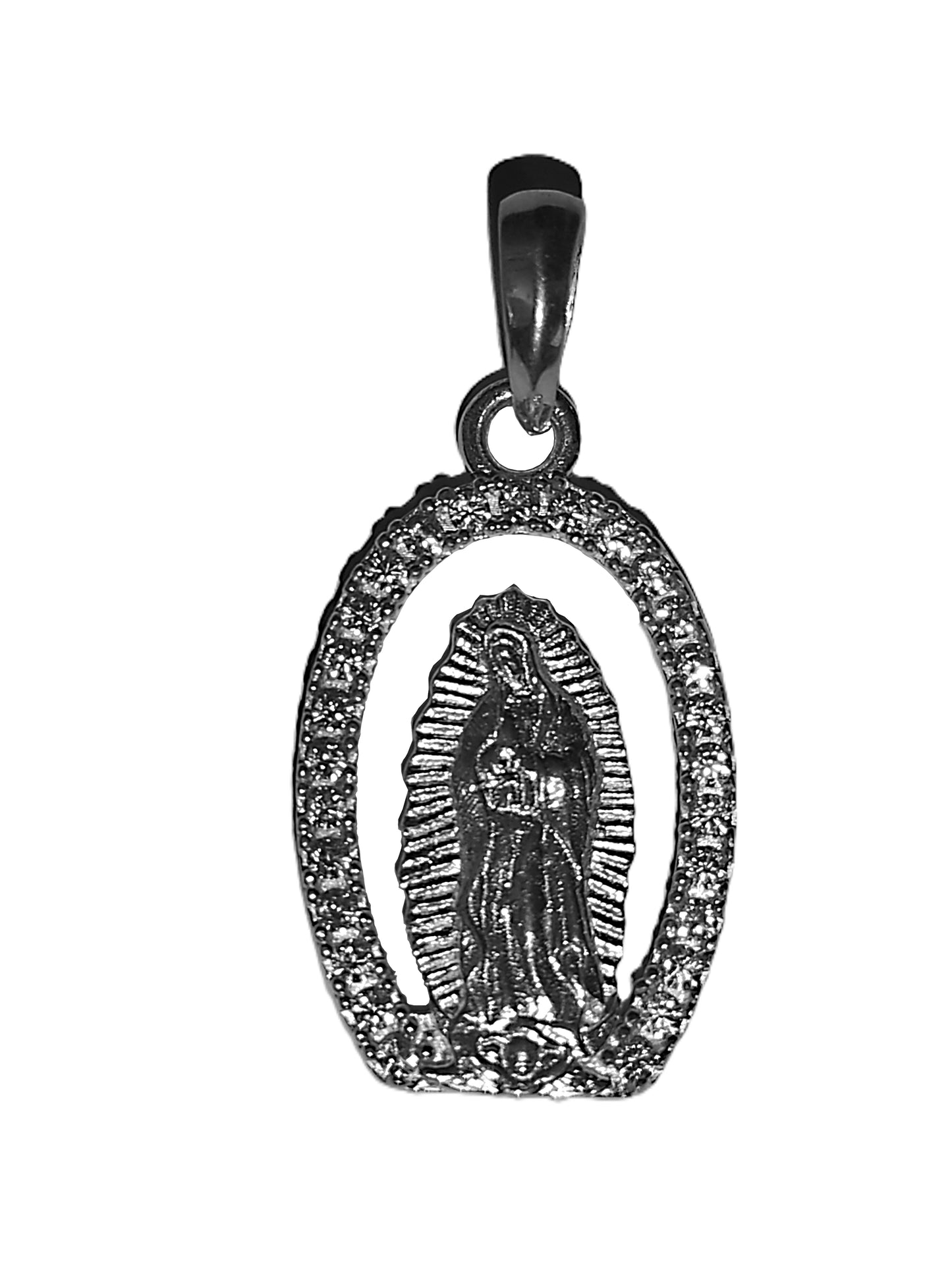 Dije de Plata .925 - Virgen de Guadalupe Marco Oval Calado con Zircones y Rodio Negro