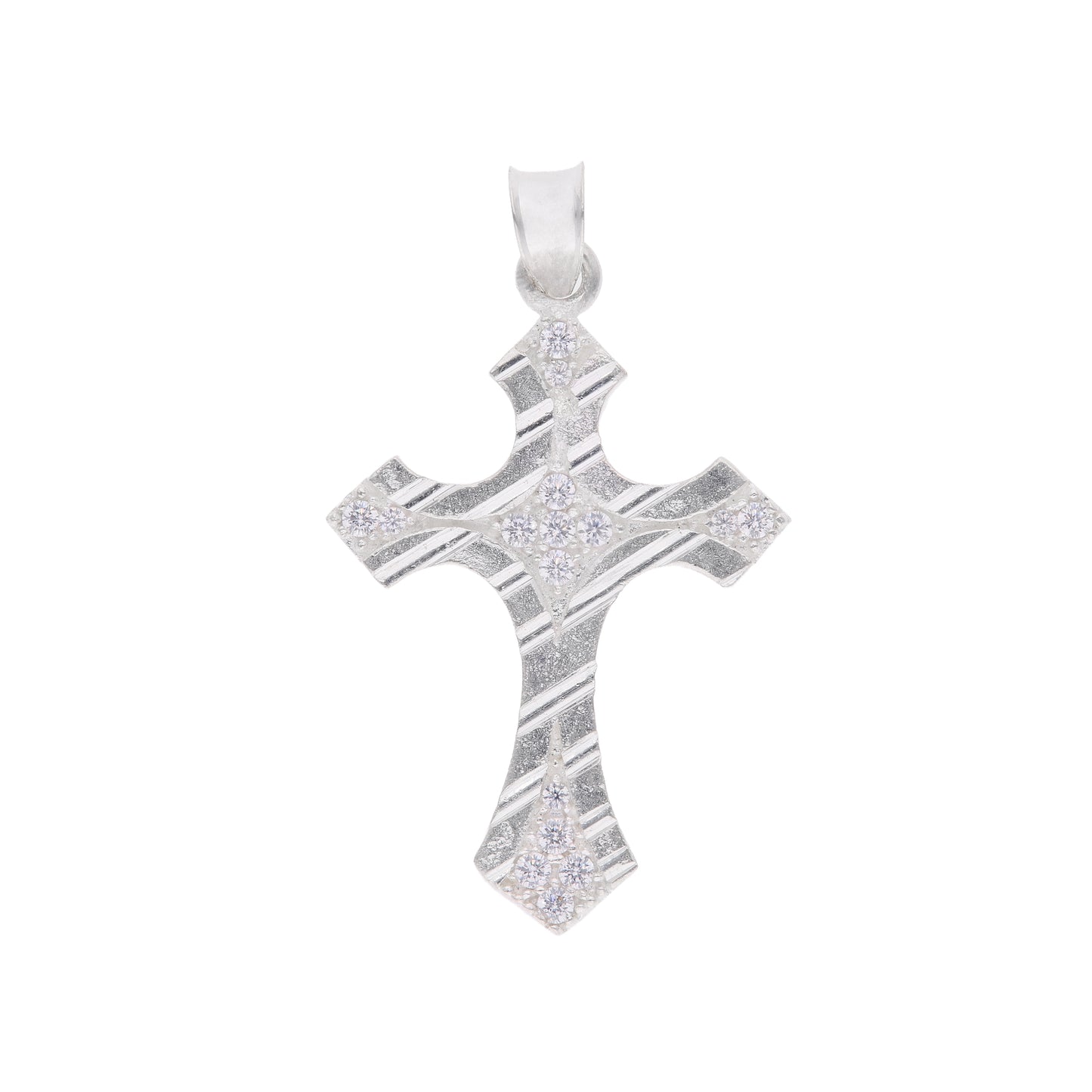 Dije cruz patada satinada con estrías diagonales y zircones en plata .925 — Taxco, Guerrero
