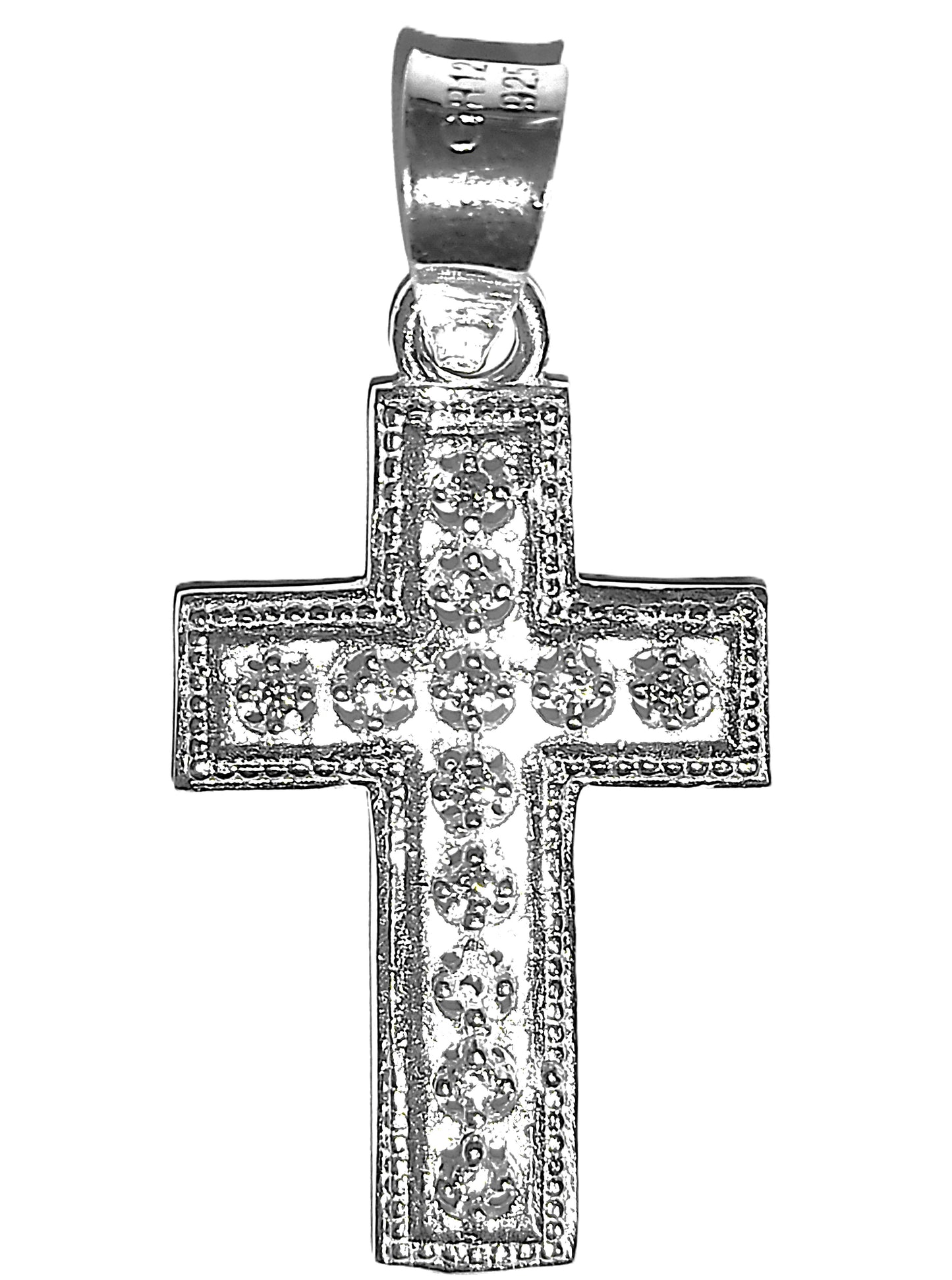Dije de Plata .925 - Cruz Bizantina con Milgrain, Zircones en Garra y Fondo Satinado