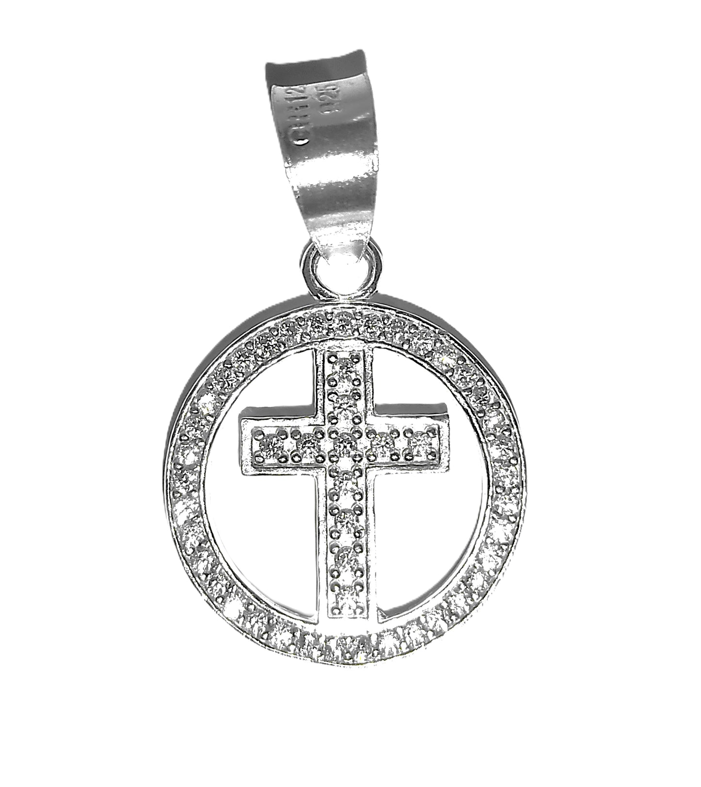 Dije de Plata .925 - Cruz con Pavé de Zircones dentro de Aro Circular con Doble Fila
