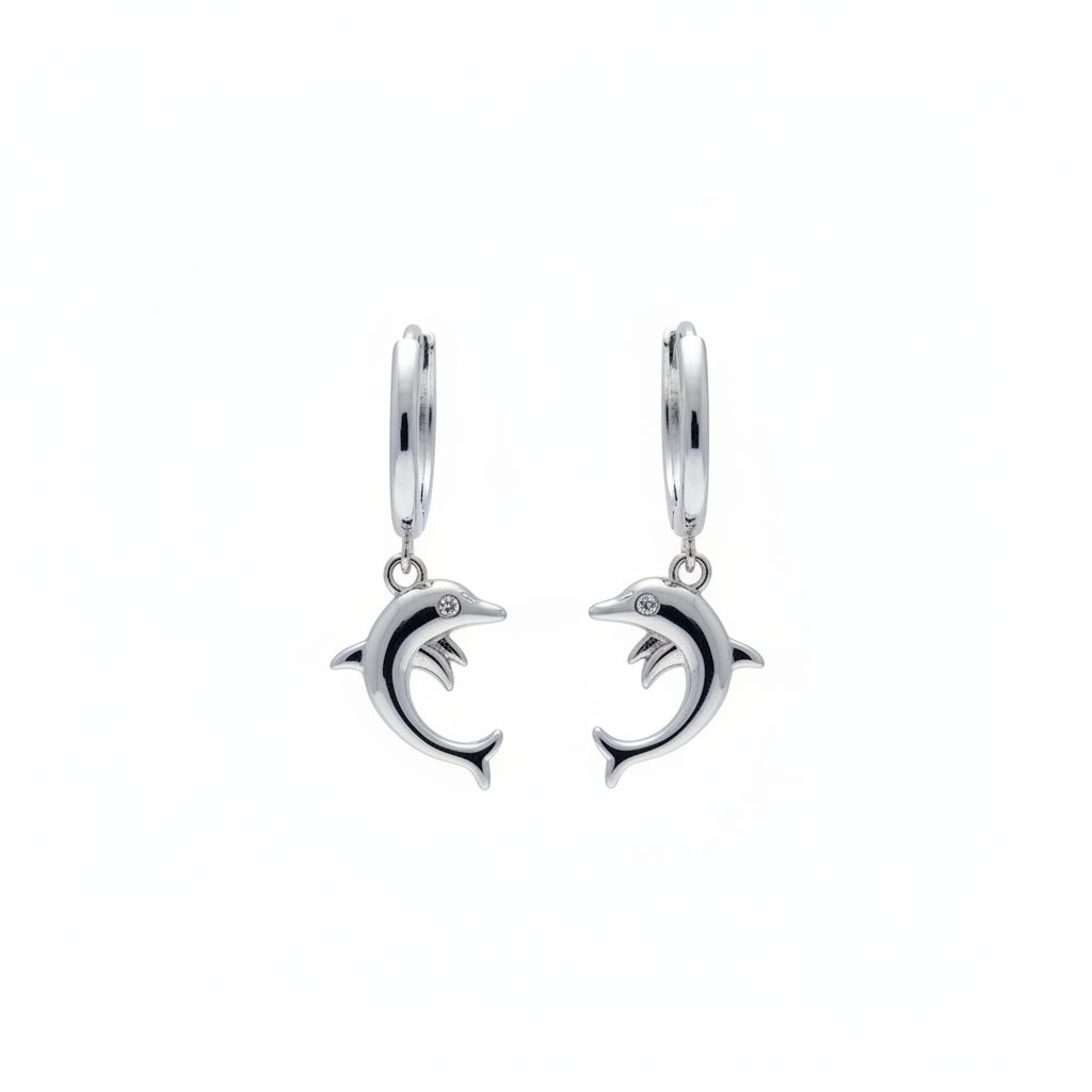 Aretes argolla huggies de plata .925 con dije de delfín en esmalte negro y micro-zircón blanco en el ojo