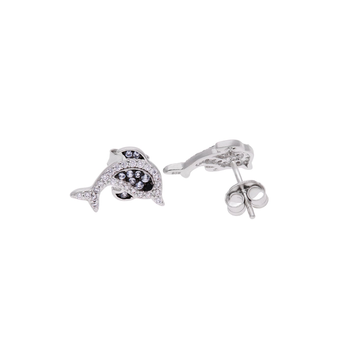 Aretes Delfín con Zircones Blancos y Negros — Plata .925