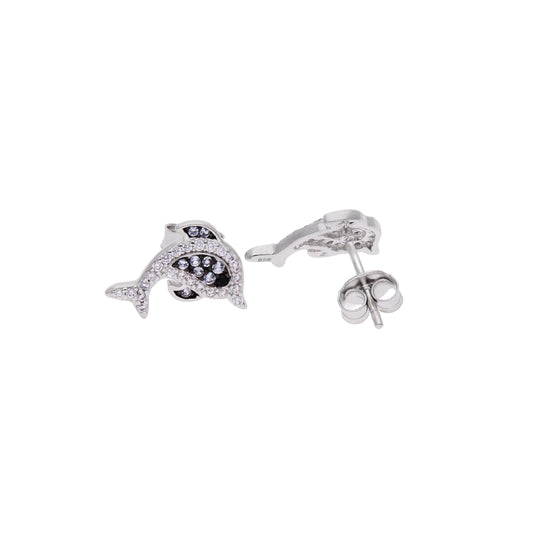 Aretes Delfín con Zircones Blancos y Negros — Plata .925