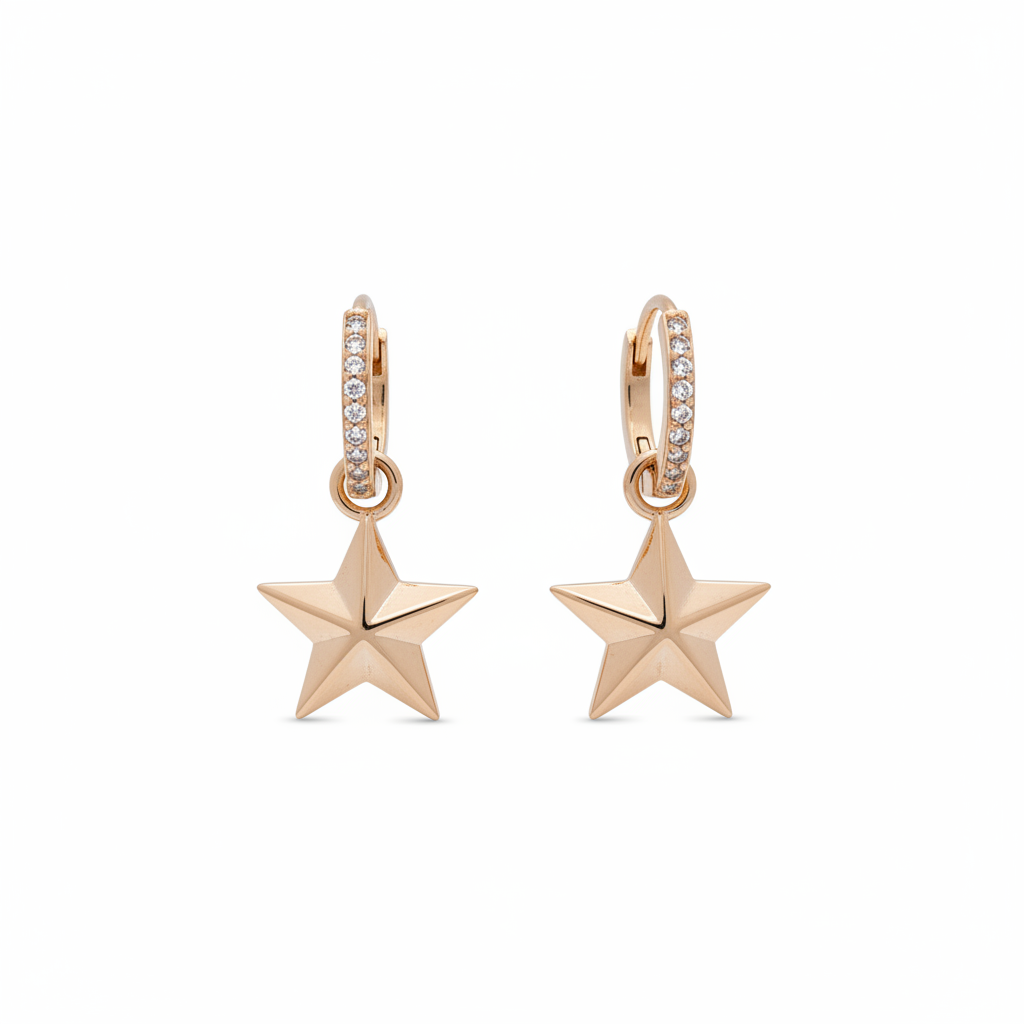 Aretes argolla huggies pavé en plata .925 con chapa de oro rosa y dije estrella tridimensional colgante