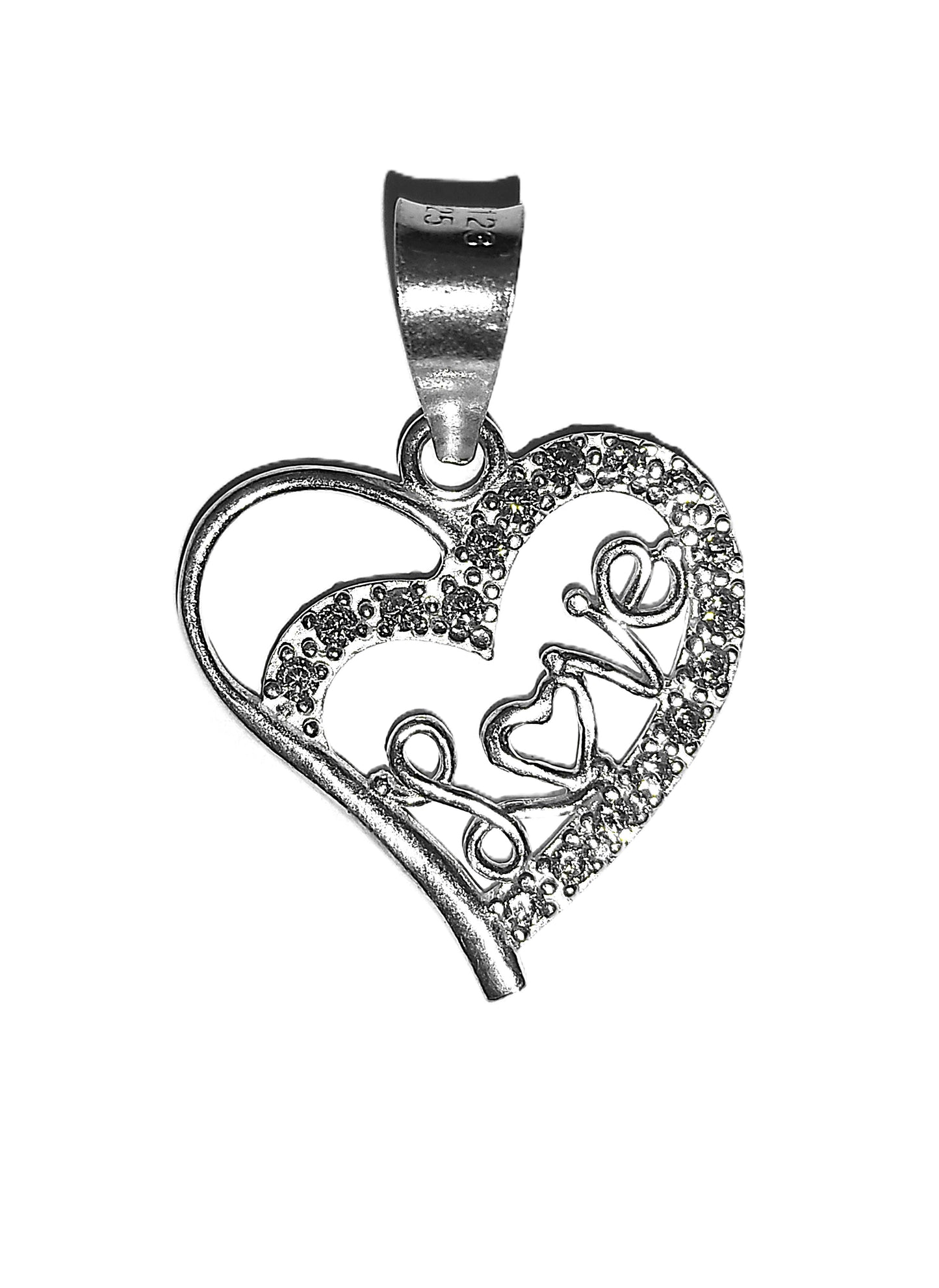 Dije de Plata .925 - Corazón Calado con Inscripción LOVE y Zircones Pavé