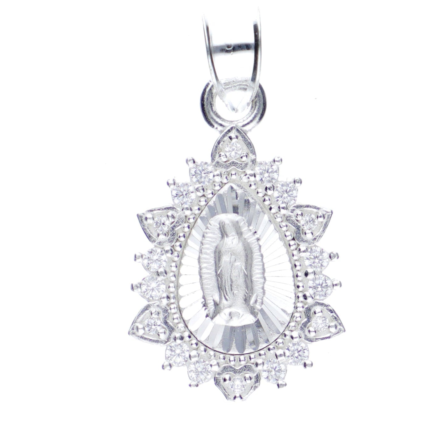 Dije de Plata .925 Forma de la Virgen de Guadalupe con topacio blanco MOD. DRP025LP - Joyería Religiosa