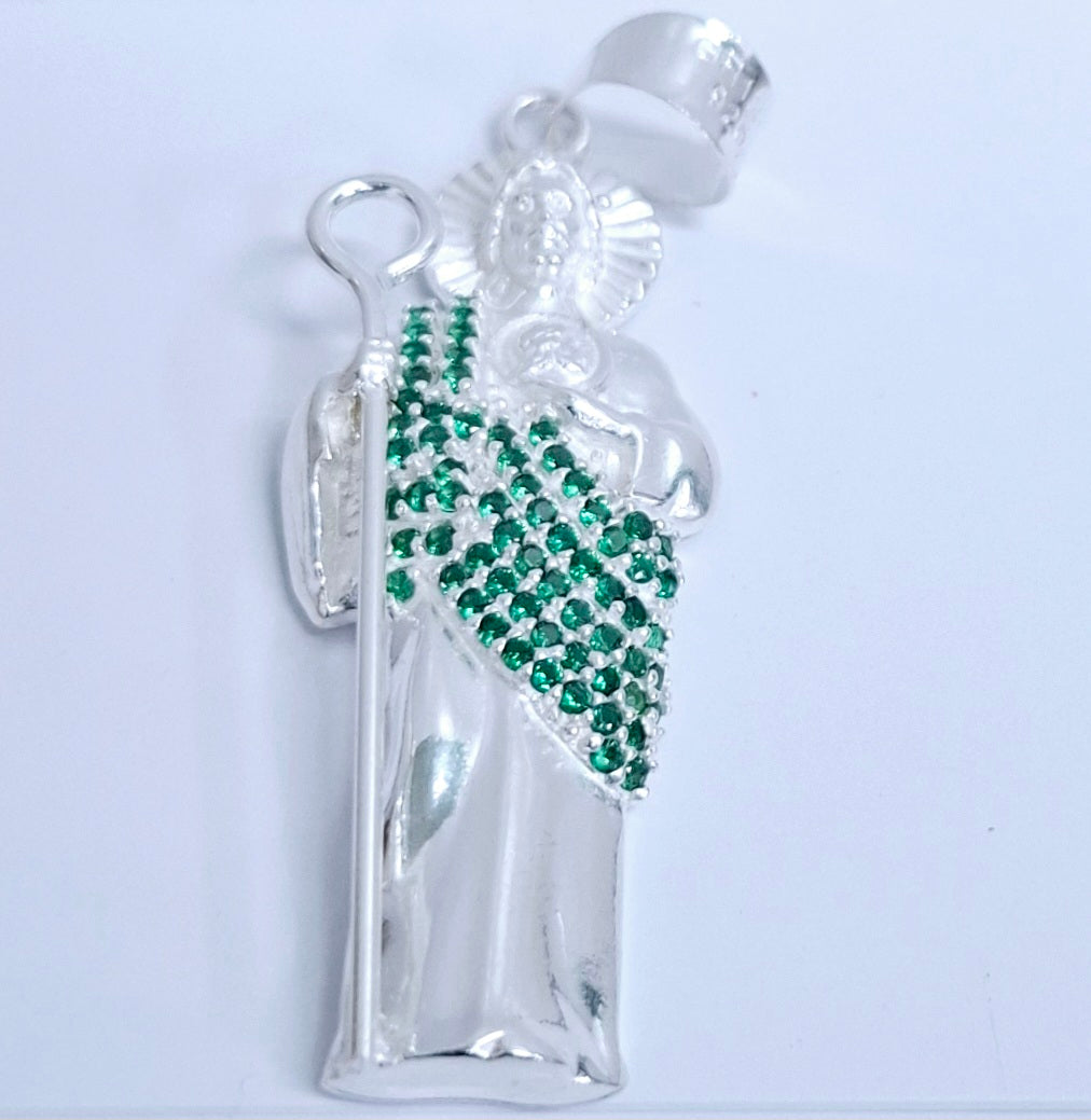 Dije de Plata .925 en Forma San Judas Tadeo con topacio Verde Mod. DRP078VER