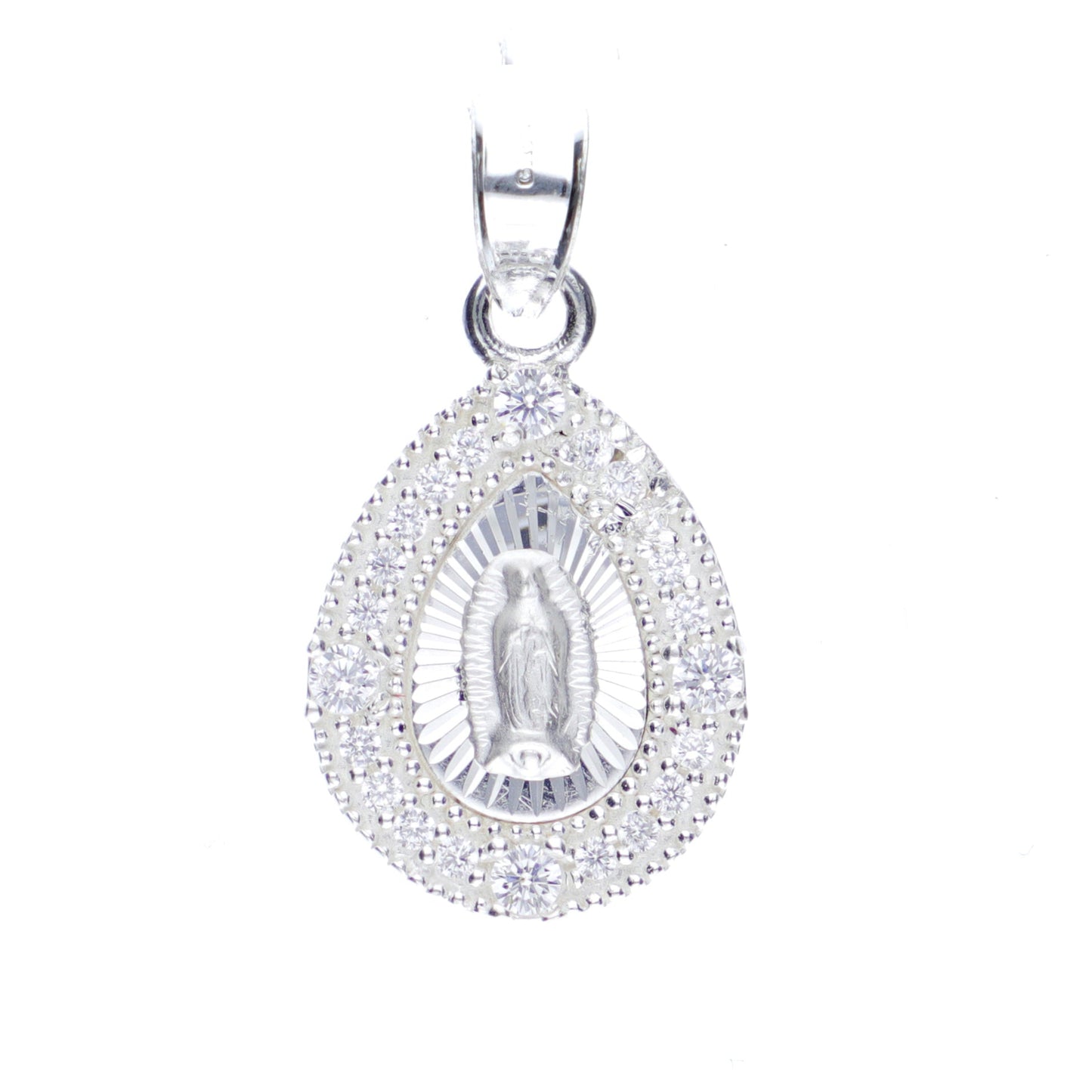 Dije de Plata ley .925 en diseño de la Virgen de Guadalupe con topacio blanco, mod. DRP030LP - Joyería Religiosa