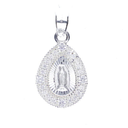 Dije de Plata ley .925 en diseño de la Virgen de Guadalupe con topacio blanco, mod. DRP030LP - Joyería Religiosa