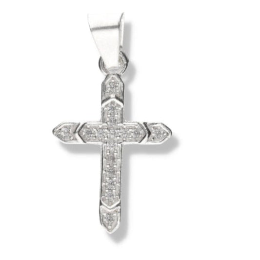 Dije de Plata .925 en forma Cruz con Topacio blanco Mod. CTDVP020- Joyería Religiosa
