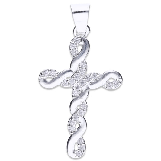 Dije de Plata Ley .925 en Forma Cruz con Topacio blanco Mod. CTDVP018 - Joyería Religiosa