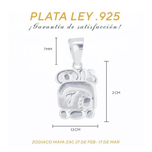 Dije de Plata Ley .925 en Zodiaco Maya Zac, ( 27 FEB-17 DE MARZO) Mod.DM100