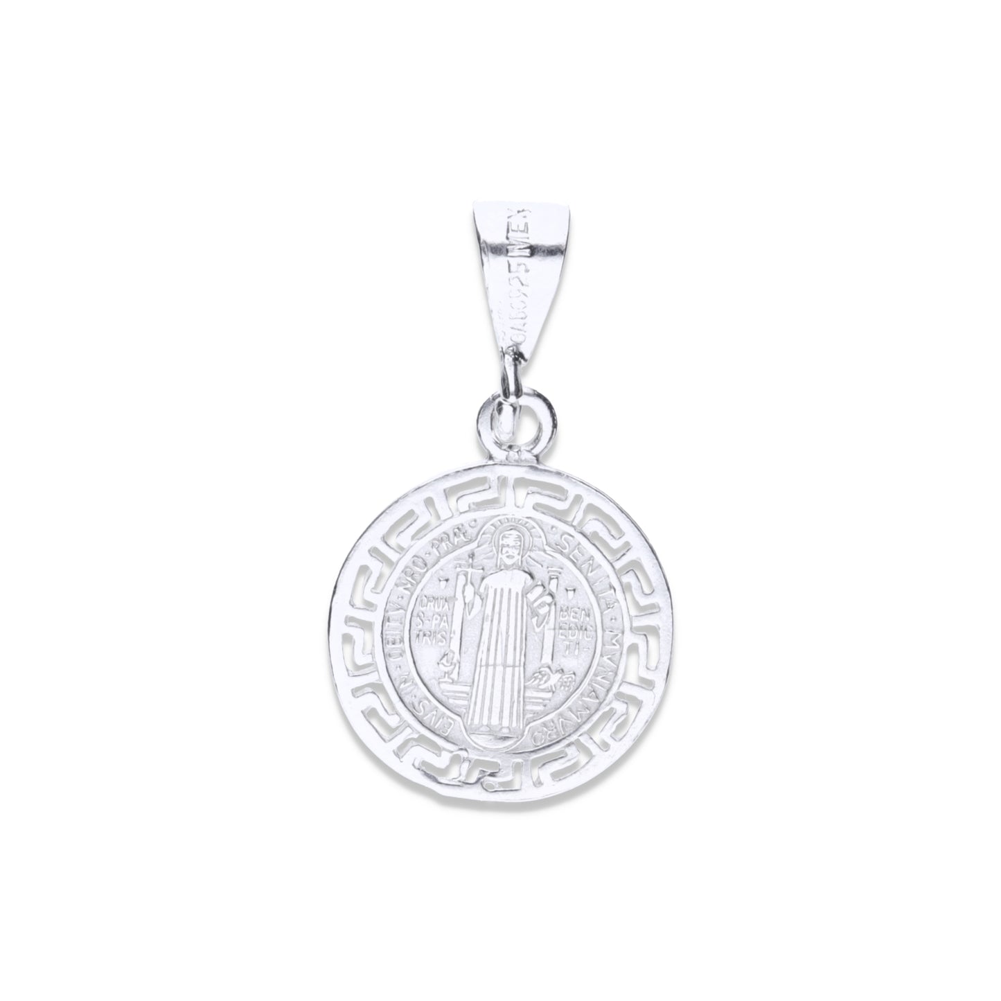 Dije de plata .925 en forma de San Benito con Borde Griego calado Mod. - Joyería Religiosa