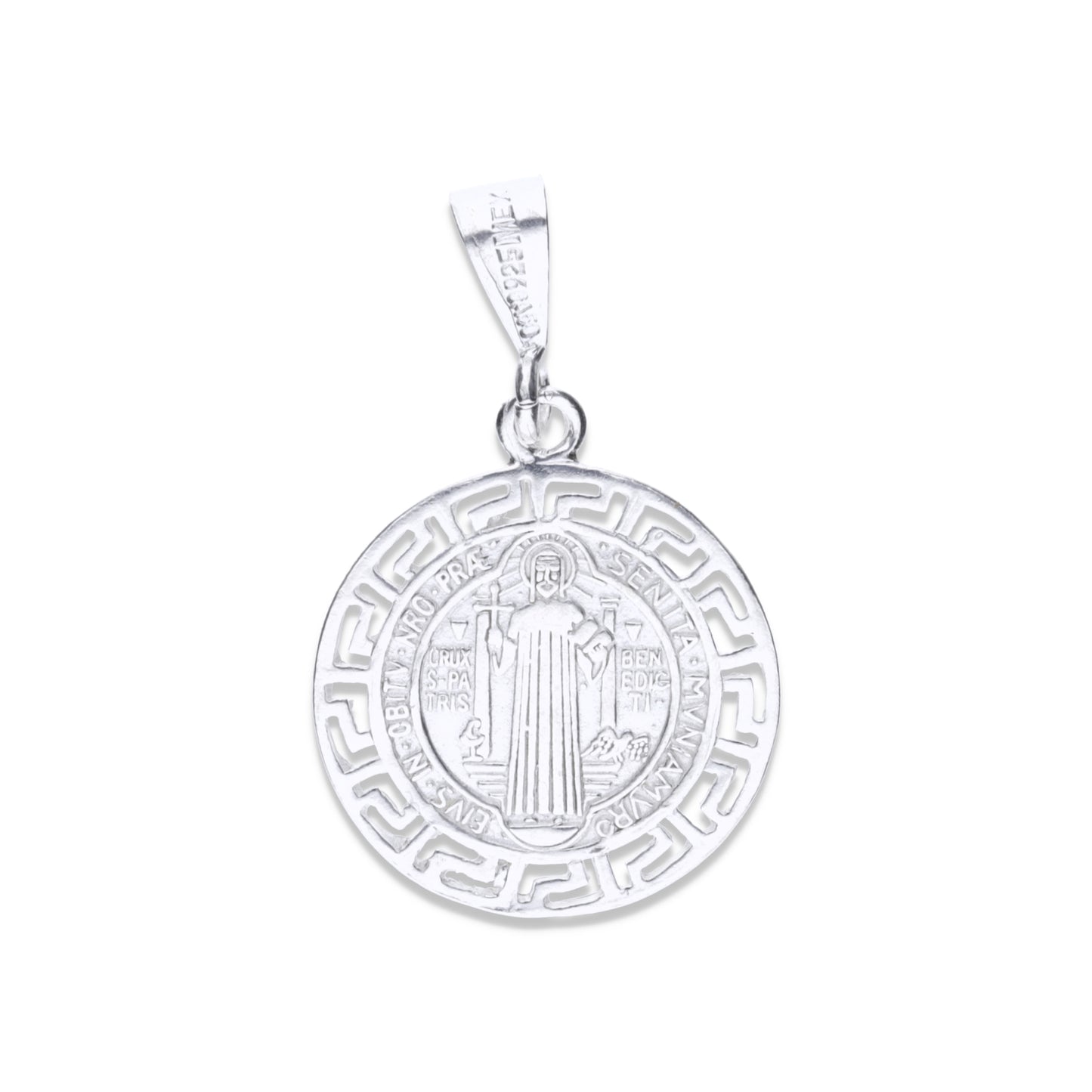 Dije Plata .925 Medalla San Benito con Borde Griego Mediano 2.2 Gramos - Joyería Religiosa